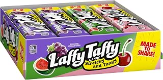 Laffy Taffy Variety Box, Grape Watermelon Cherry Chewy Candy, 1.5 oz, 24 Ct | Grape, watermelon, cherry stretchy tangy taffy, individually wrapped, jokes on wrapper, lunchbox, sharing