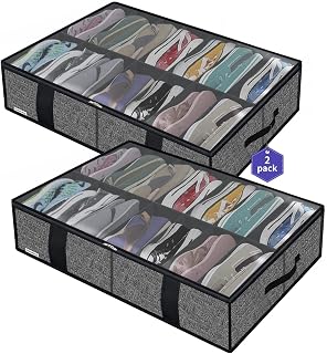 2 Pack Under Bed Shoe Storage Organizers with Handles & Clear window (Fit 14 +14 Pairs), Sturdy Underbed Box Organizer Shoe Storage Bags for Kids & Adults, Linen-like Black, MXAUBS14S14
