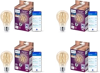 PHILIPS Smart Lighting, LED Filament A19 Bulb, 800 lm, Tunable White Light 2700-5000 K, Low Dimming, Connected by WiZ, Alexa, Google Home, Apple Home - 4 Pack