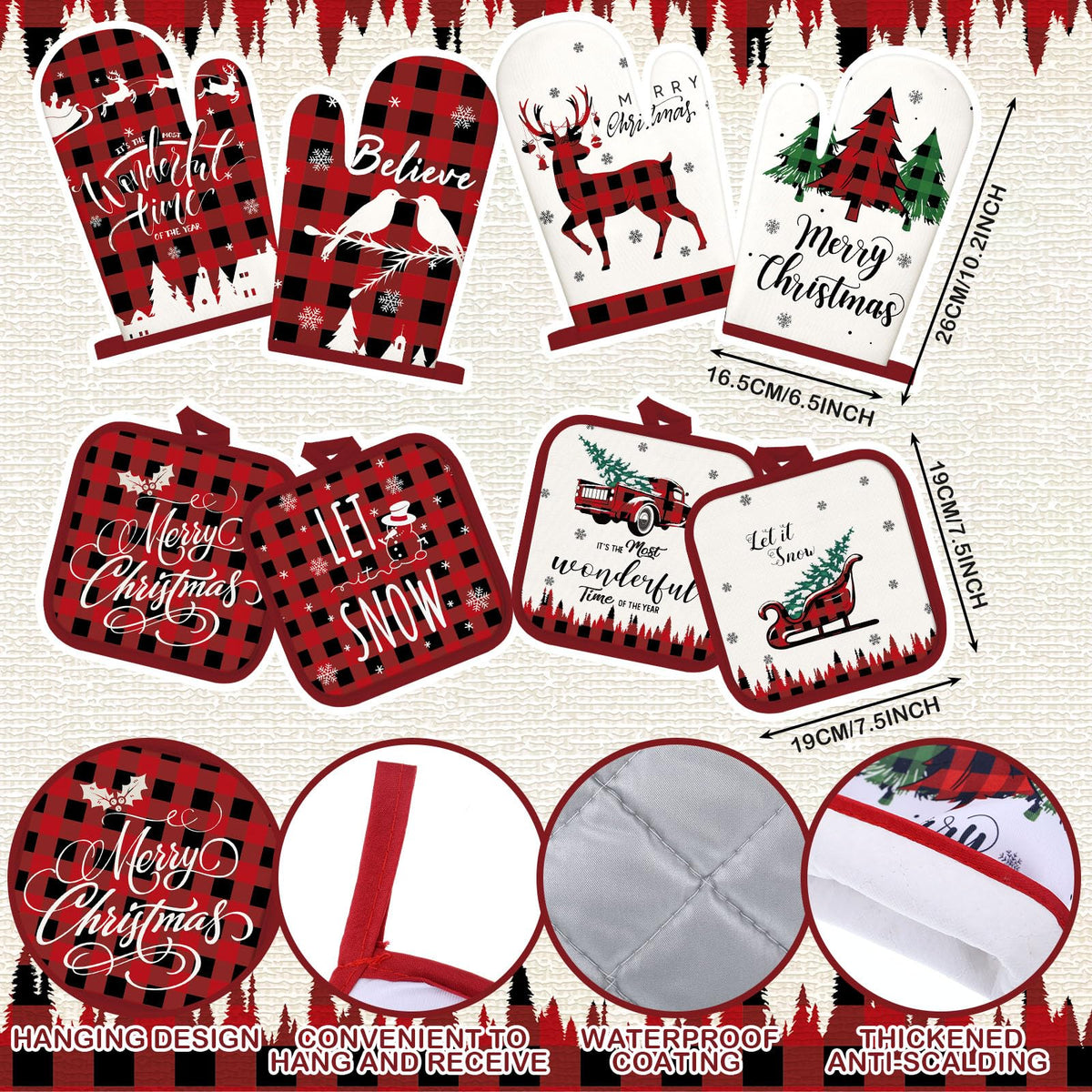 SiliFine Christmas Kitchen Set, 12 Pieces with Towels, Mitts and Pot Holders, Multicolor