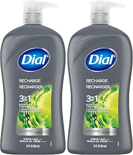 Dial Men 3 in 1 Body, Hair and Face Wash, Recharge, 32 Fl Oz, Cedar Leaf Scent, Cleanses Deep + Gentle on Skin with Clean Rinse Technology (Pack of 2)