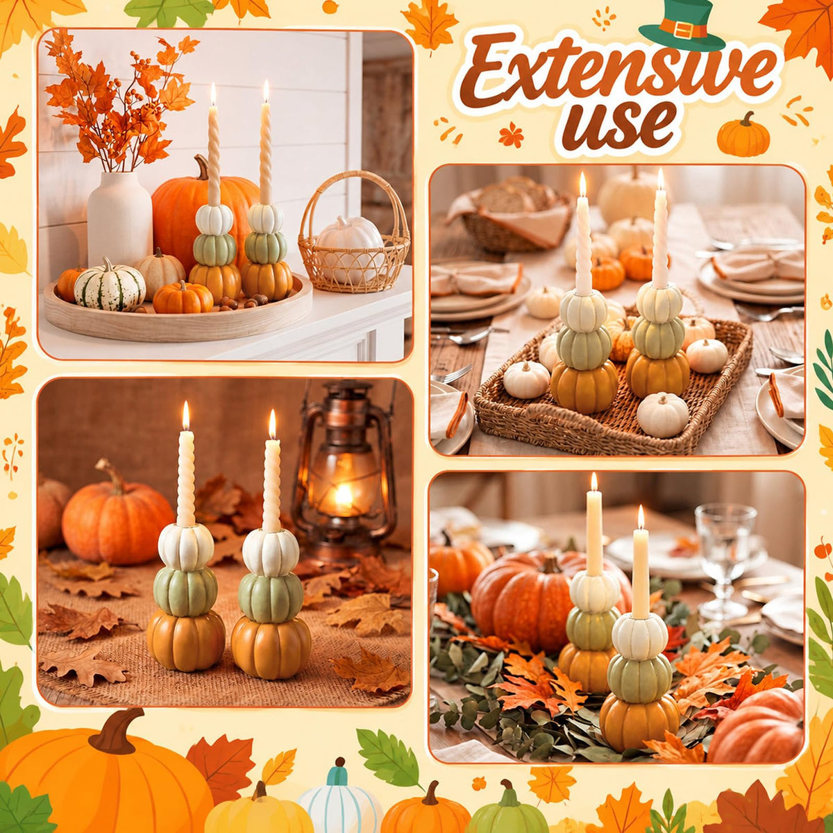 FoldTier Pumpkin Candle Holders, 5.9 Inch Resin Set of 2, Orange White Green