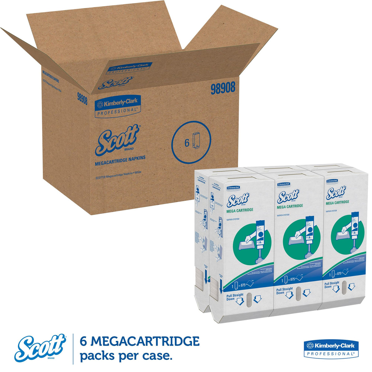 Scott Mega Cartridge 1-Ply Napkins – 6-1/2" x 8-7/16", White, 180 Per Pack, Case Of 6 Packs