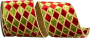Reliant Ribbon Diamond Velvet Metallic Dupioni Backed Ribbon, Scarlet/Moss