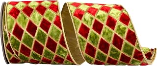 Reliant Ribbon Diamond Velvet Metallic Dupioni Backed Ribbon, Scarlet/Moss