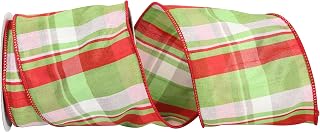 Reliant Ribbon Lime Plaid Dupioni Wired Edge Ribbon, 4 Inch X 10 Yards, Red/Lime