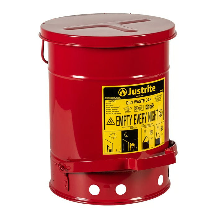 Justrite Steel Oily Waste Can, Red - 6 gal.