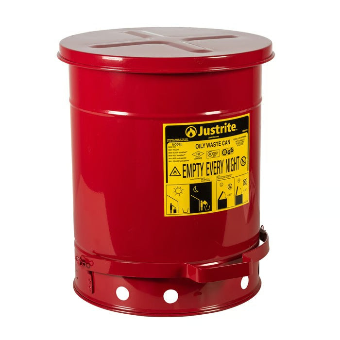 Justrite Steel Oily Waste Can, Red - 10 gal.