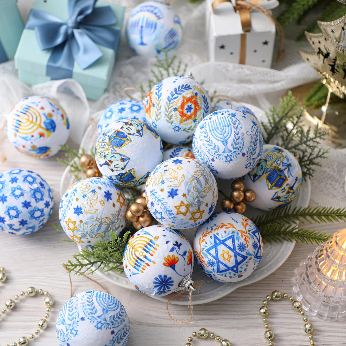 Outus Hanukkah Ball Ornaments, 16 Pack, Blue and White with Star of David