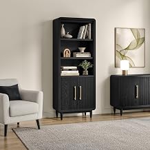 Martin Furniture Modern Wood Bookcase with Doors, Office/Entertainment Shelving, Entertainment Storage, Storage Cabinet, Fully Assembled, Black