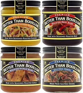 Better Than Bouillon Premium Base Variety Pack, 1 Roasted Chicken Base, 1 Roasted Beef Base, 1 Roasted Garlic Base, 1 Sautéed Onion Base, 8 oz Jars (Pack of 4)