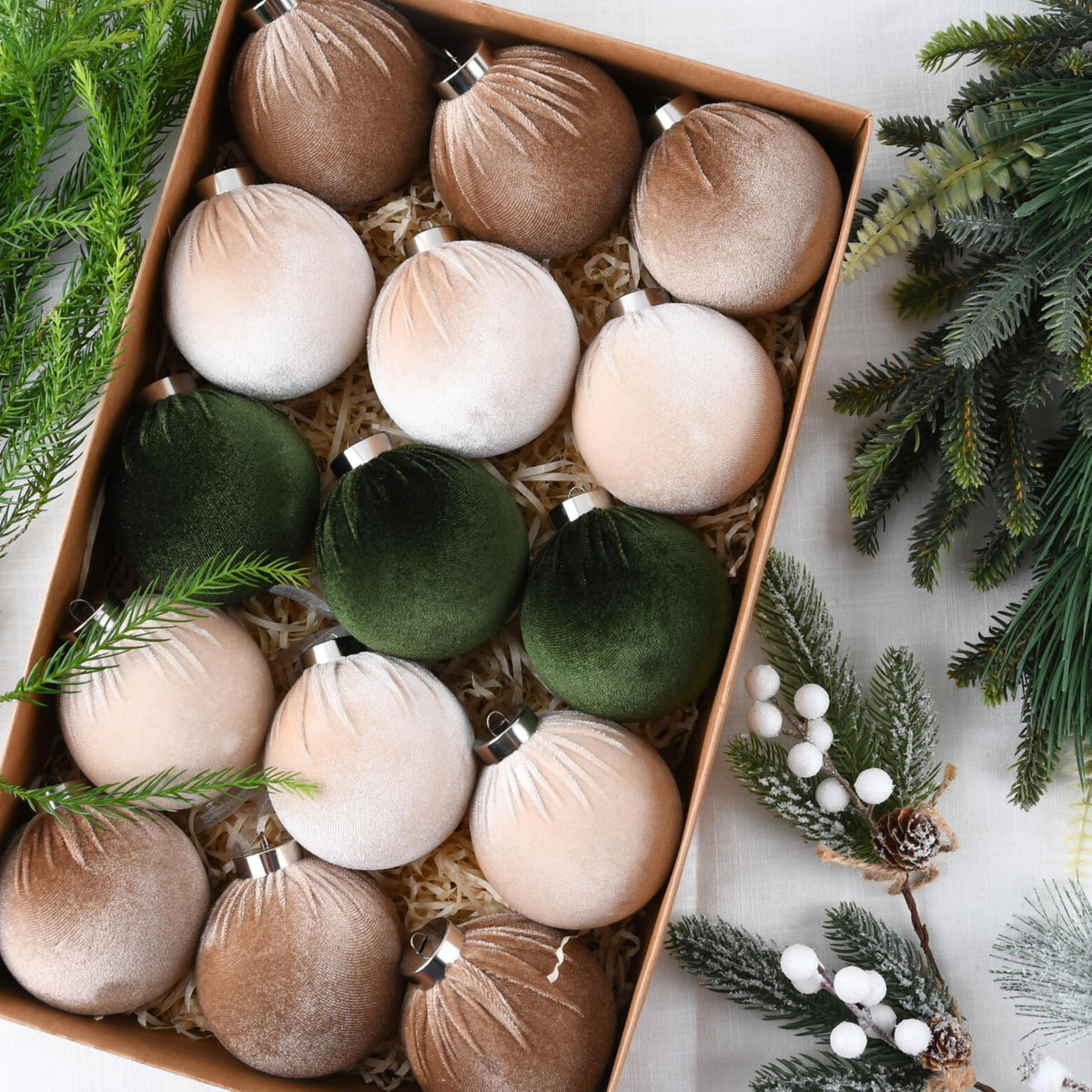 Vtyepou Velvet Christmas Ornaments, 3.15 Inch, Brown Green Neutral, Pack of 15