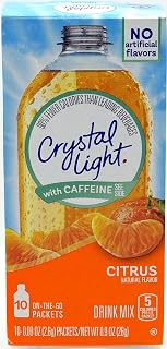 Crystal Light On-The-Go Drink Mix Packets with Caffeine, Zero Sugar Powdered Water Enhancer, Natural Flavor Low Calorie Energy Beverage Mix, Citrus, 0.09 Ounce Packets, 10 Count (Pack of 18)