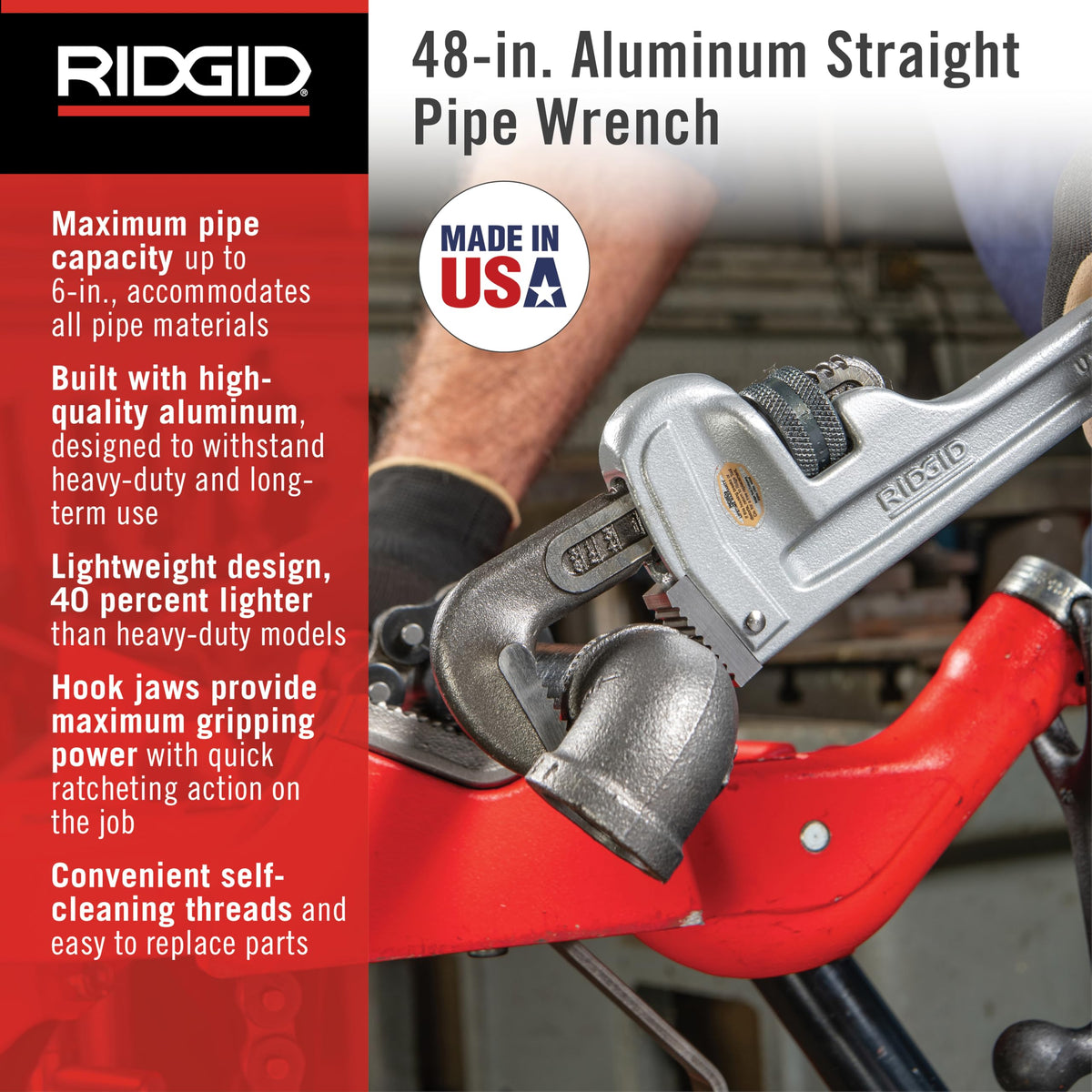 Model 848 48" Aluminum Straight Pipe Wrench with 6" Pipe Capacity by RIDGID – 48", Aluminum, Factory, Model 31115