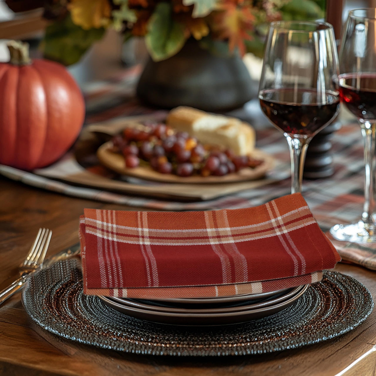 Cotton Craft Harvest Plaid Cloth Napkins, 17 x 17 Inch, Rust Multi Set of 12