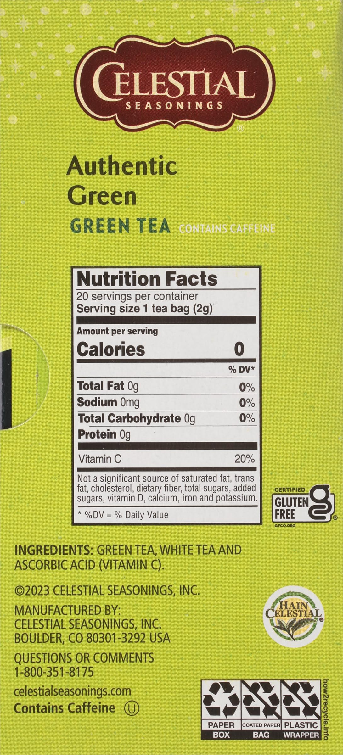 Celestial Seasonings Authentic Green Tea / 20 Count (Pack of 6) / Natural Herbal