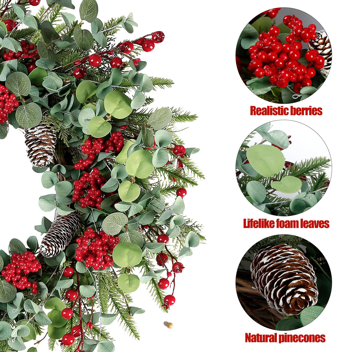 Sggvecsy Artificial Christmas Wreath, 22 Inch Diameter, Red Berry with Pine Cones
