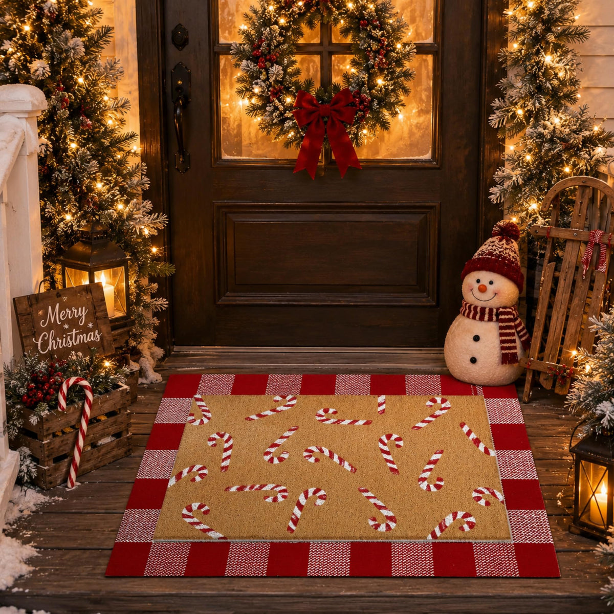 Drydiet Layered Doormat Set, Buffalo Plaid Candy Cane Design, Red and White