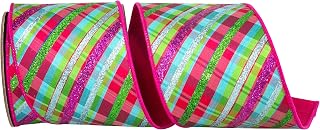Reliant Ribbon Glitter Diagonal Bright Plaid Deluxe Fuchsia Backed Wired Edge, Fuchsia, 4 Inch, 5 Yards