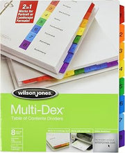 Wilson Jones MultiDex Index Dividers, 8 Tabs, for 8.5 x 11 Inch Sheets, Multicolored Tabs Numbered in Black (W90803B)