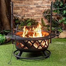 33 Inch Outdoor Fire Pit with Grill & Rotisserie Durable Steel Woodburning Firepits for Outside - Portable Fire Pit for Backyard Porch, Deck, Camping, BBQ