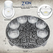 Zion Judaica Seder Plate, Antique Silver Metal With Glass Inserts, Tree Motif