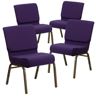 4 Pack HERCULES Series 21''W Stacking Church Chair in Royal Purple Fabric - Gold Vein Frame by Flash Furniture – Set of 4, Fabric, Metal, Model 4-FD-CH0221-4-GV-ROY-GG