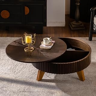 32" Retro Coffee Table, Round Coffee Table with Wood Leg Structure, Mesa De Centro para Sala with Spacious Storage for Home and Office Decoration, Brown