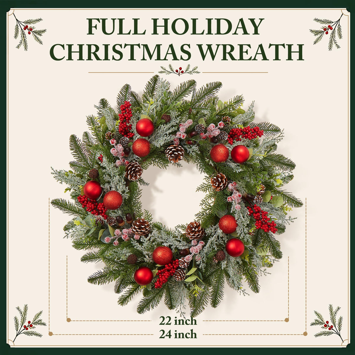 Worthyeah Pine Artificial Christmas Wreath, 24 Inch, Christmas