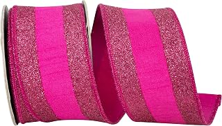 Reliant Ribbon Glitter Striped Edging Dupioni Deluxe Wired Edge, Fuchsia, 2-1/2 Inch, 5 Yards