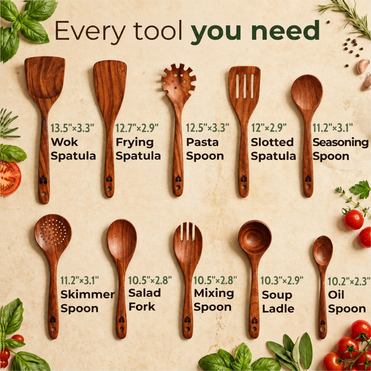 Woodenhouse Teak Wood Utensil Set, 10 Pieces, Natural