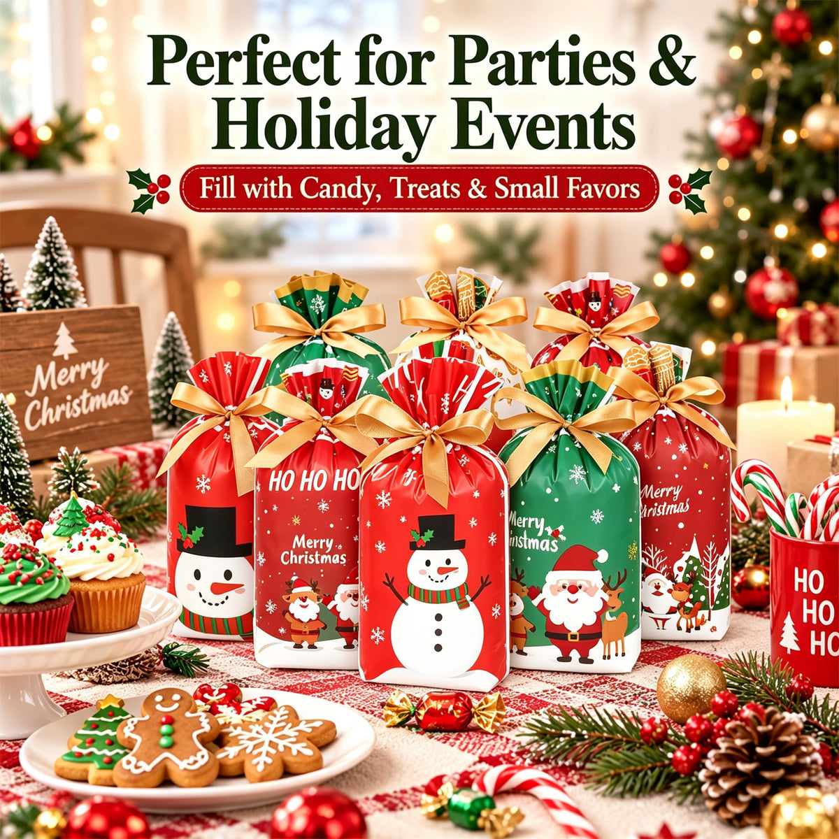 JOINDO Christmas Treat Bags, 6 by 9 Inches with 2 Inch Gusset, Set of 50