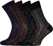 RONDO Mens Comfortable Patterned Calf Dress Socks, 4 Pairs, Black/Grey/Blue/Brown, 8-12