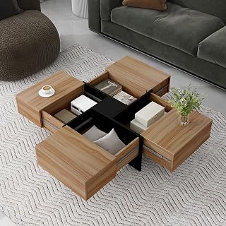 Unique Design Modern Coffee Table with 4 Hidden Storage Compartments, Square Cocktail Table, Extendable Sliding Tabletop, Abstract Mesa para Sala