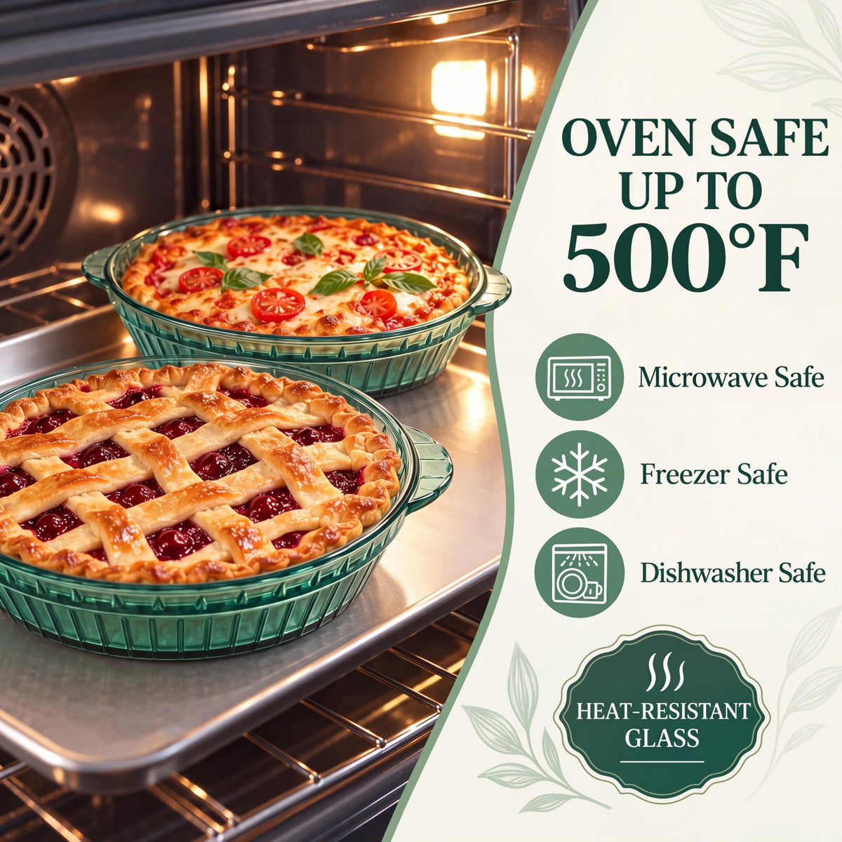 Mifoci Glass Pie Dish, 8 Inch Round Deep Plate with Handles, Green