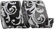 Reliant Ribbon Scroll Filigree Glitter Iridescent Satin Wired Edge, Black, 2-1/2 Inch, 10 Yards