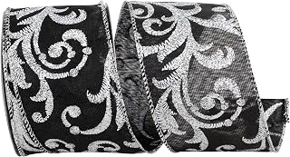 Reliant Ribbon Scroll Filigree Glitter Iridescent Satin Wired Edge, Black, 2-1/2 Inch, 10 Yards