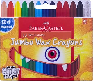 Faber-Castell Jumbo Wax Crayons: 12 Bright Crayons + 1 Glitter Crayon | Easy-Grip Toddler Coloring and Kids Art Supplies for Drawing and Crafts (Ages 3+)