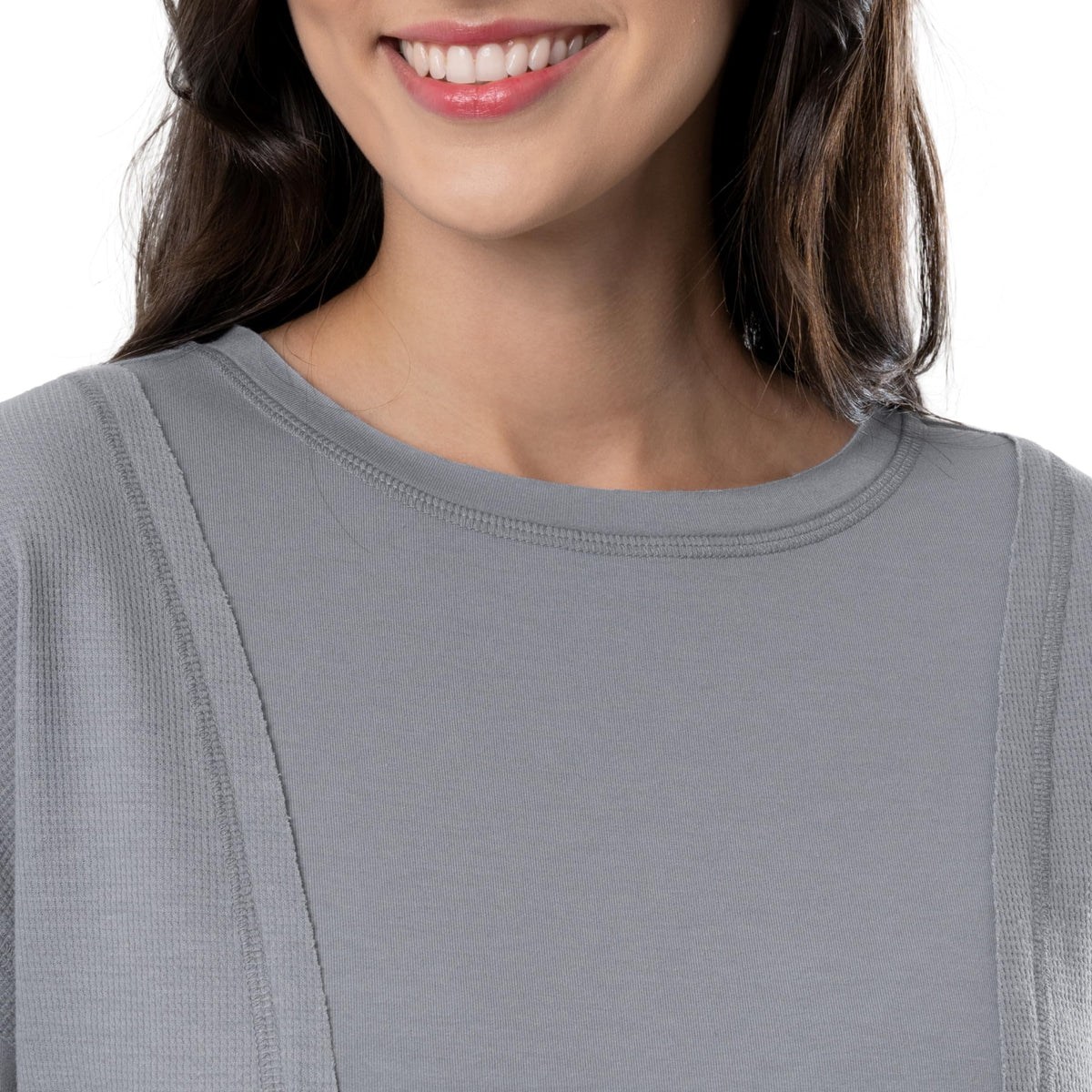 Women's Crew Neck Cropped Waffle Knit Pullover Top by Lee – Polyester, Grey, Model 21368