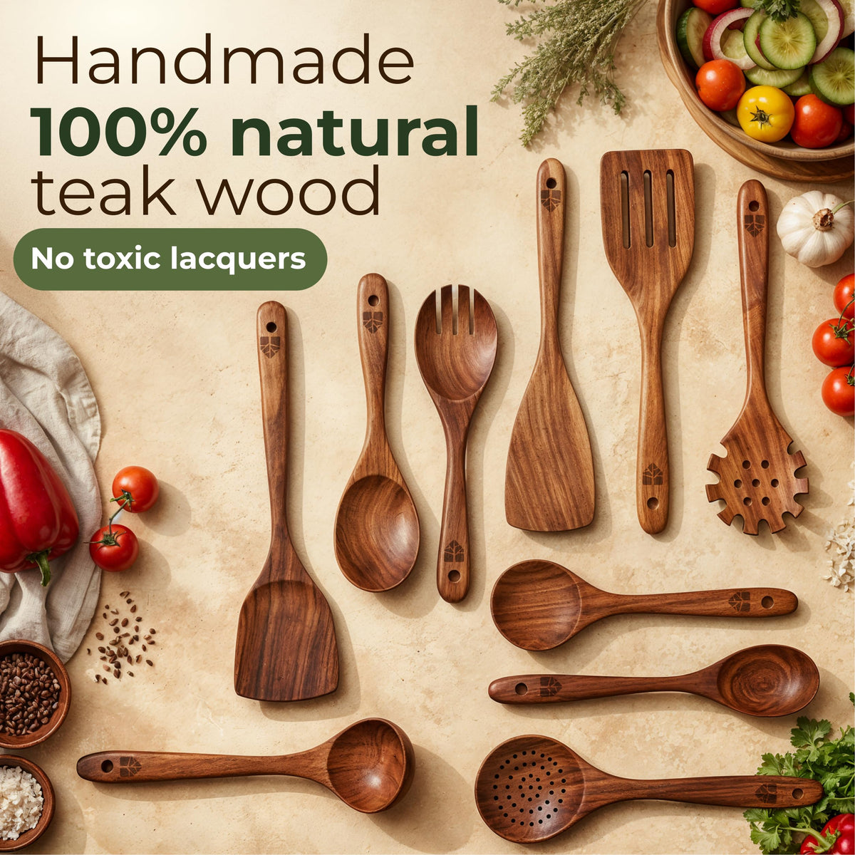 Woodenhouse Teak Wood Utensil Set, 10 Pieces, Natural
