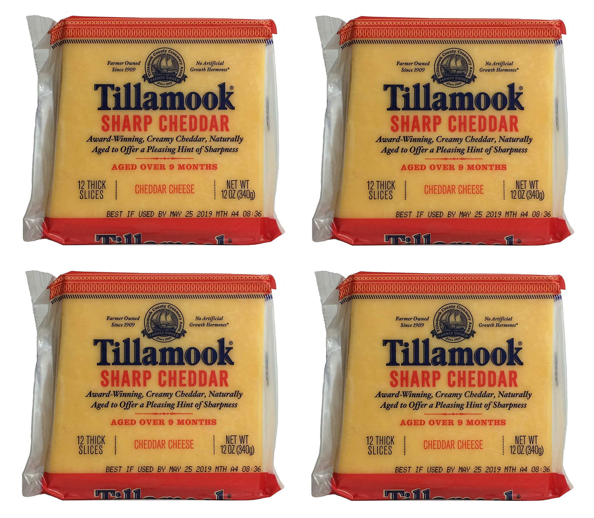 Sharp Cheddar Cheese 12 Thick Slices by Tillamook – 12 OZ, Pack of 4