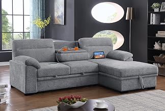 Lilola Home Kipling II 95" W Light Gray Chenille Fabric Sleeper Sectional Sofa with Right-Facing Storage Chaise – L-Shaped Pull-Out Bed, Drop-Down Console with USB Ports, and Pocket Coil Seating