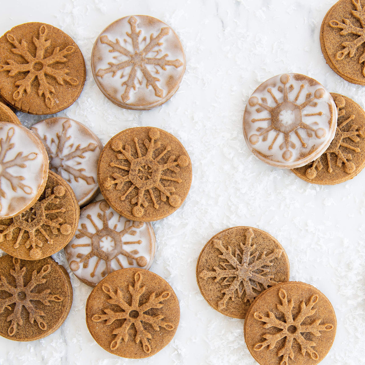 Nordic Ware Falling Snowflake Cast Cookie Stamps / Set of 3 / Silver with Blue Handles Cookie Stamps