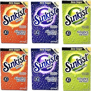 Sunkist Zero Sugar Singles To Go Variety Pack - 3 Flavors: Orange, Grape and Lemon Lime - 6 Boxes, 36 Singles - 2 Boxes Each Flavor