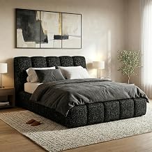 Furniture of America Premier Modern Boucle Queen Platform Bed with Vertical Channel Tufting and Oversized Headboard, Upholstered Bedframe for Bedroom, Guest Room, No Box Spring Needed, Black