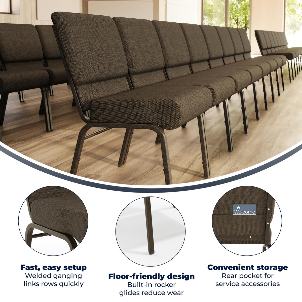 HERCULES Series 21''W Stacking Church Chair in Brown Fabric - Gold Vein Frame by Flash Furniture – Set of 1, Fabric, Steel, Model FD-CH0221-4-GV-S0819-GG
