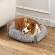 Billie 24" x 15.75" Small Modern Lucite Pet Bed with Washable Cushion and 4" Elevated Pet Feeder with 27 oz 2-Stainless Steel Bowls by THE LICKER STORE – Model DBD2001A-2SET