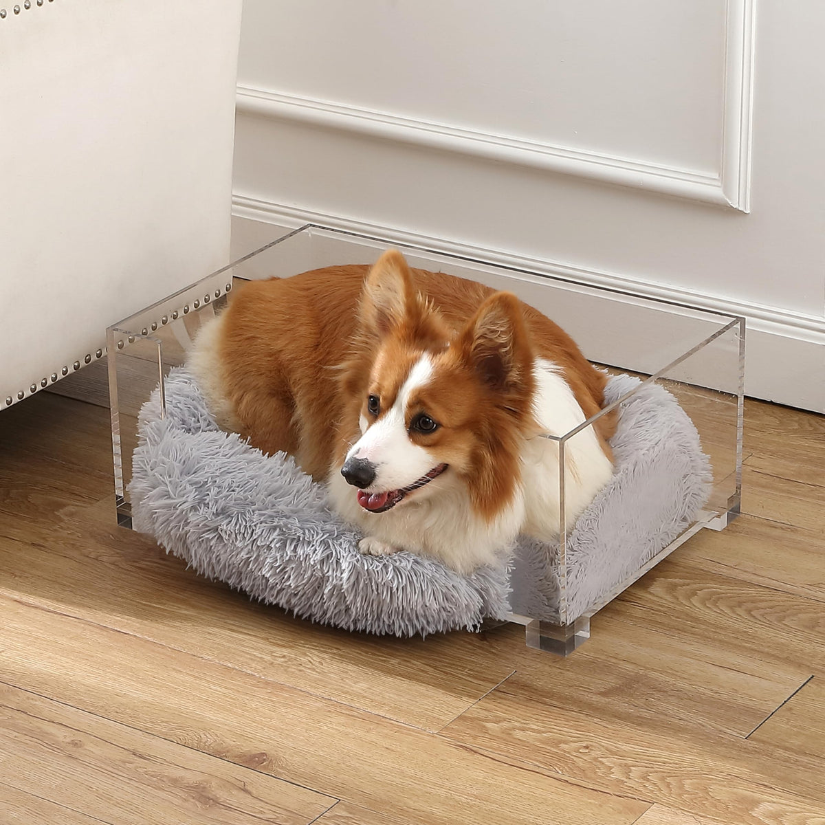 Billie 24" x 15.75" Small Modern Lucite Pet Bed with Washable Cushion and 4" Elevated Pet Feeder with 27 oz 2-Stainless Steel Bowls by THE LICKER STORE – Model DBD2001A-2SET
