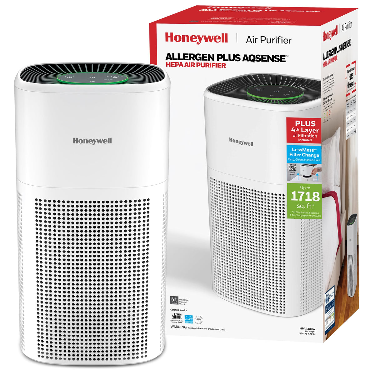 Allergen Plus 4-in-1 HEPA Air Purifier for Home by Honeywell – Large, White, Model HPA4300W