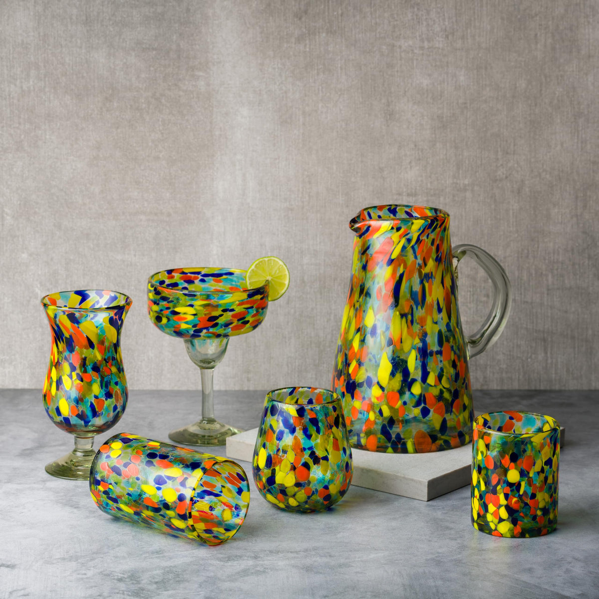 Carnaval Stemless Wine Handblown Mexican Glass by 10 Strawberry Street – 16 fl oz, 16.0 fluid_ounces, Glass, Yellow/Orange/Blue/Aqua/Clear, Pack of 6